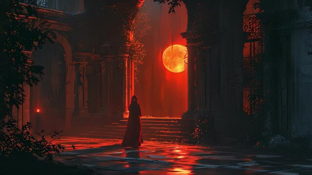Hidden from the world above, a priestess bathed in the light of a red moon leads a ritual to commune with the spirits of the dead, their whispers echoing through the hallowed Fantasy animatio