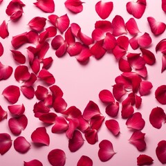 The shape of a heart created within scattered pinkish red rose petals