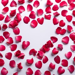 The shape of a heart created within scattered pinkish red rose petals