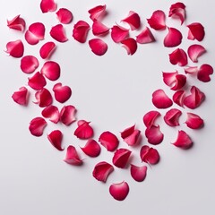 The shape of a heart created within scattered pinkish red rose petals