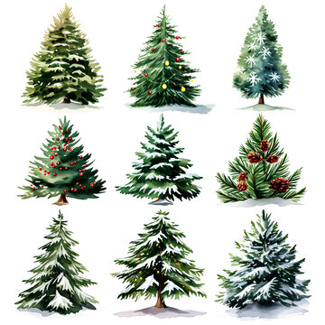 set of christmas tree isolated on white, watercolor style