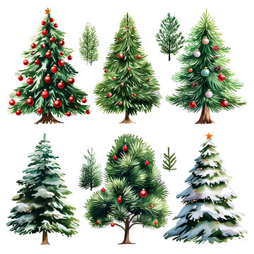 set of christmas tree isolated on white, watercolor style