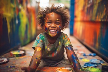 Black Child toddler boy got hands dirty in colorful paint - Powered by Adobe