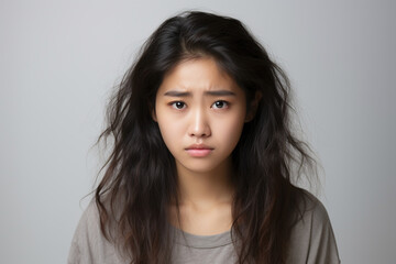 Fototapeta premium Tired exhausted adult young Asian woman suffering from headache, migraine, feeling stressed, sick, tired, thinking over bad news, crisis depression and mental emotional problems concept