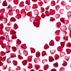 The shape of a heart created within scattered pinkish red rose petals