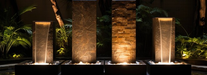 A modern water feature gracing the outdoor space of a home, combining a fountain and waterfall.