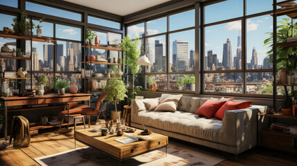 Modern Urban Living background: Small Apartment Room with a Cityscape View, lifestyle concept