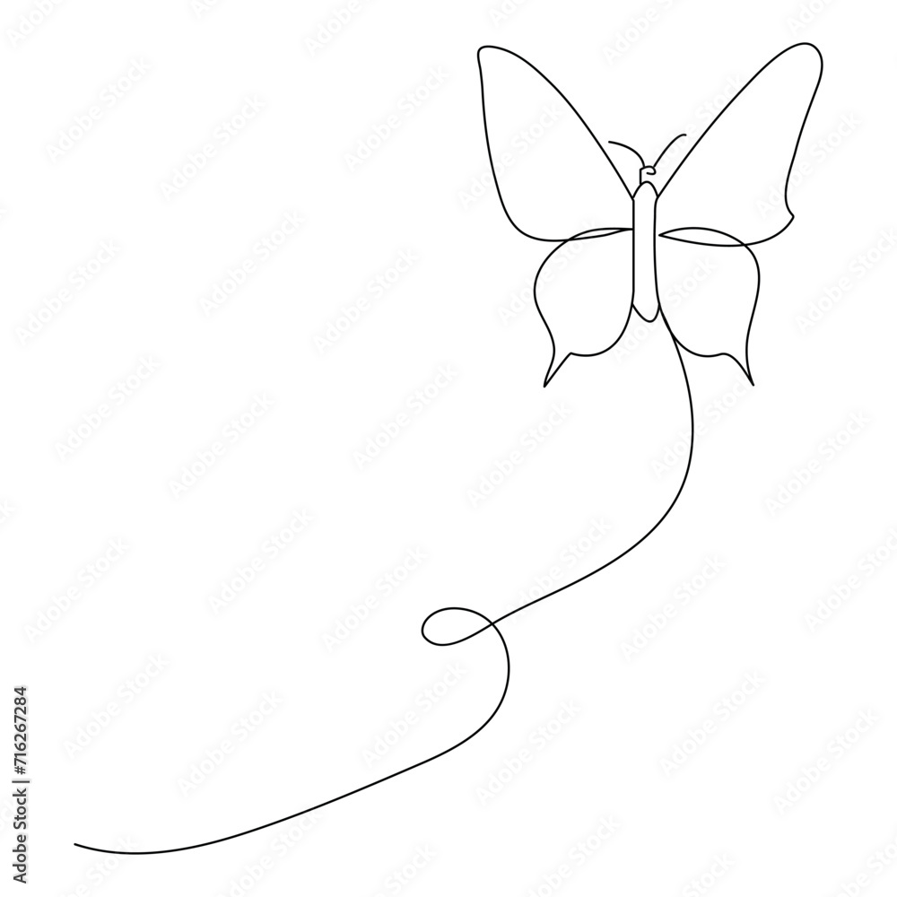 Poster butterfly continuous one line drawing element isolated on white background and single line art outli