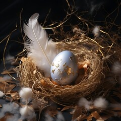 easter eggs in nest with golden leaves