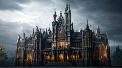 Fototapeta premium Gothic Architectural: Exploring the Intricacies of a Timeless Building in dark background. Halloween concept
