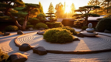 Zen Garden Decorate Idea: Capturing the Outdoor Beauty of Nature and Mindfulness in a Perfect Balance, Nature and Lifestyle Background,  garden Minimal concept with the Morning sunny light