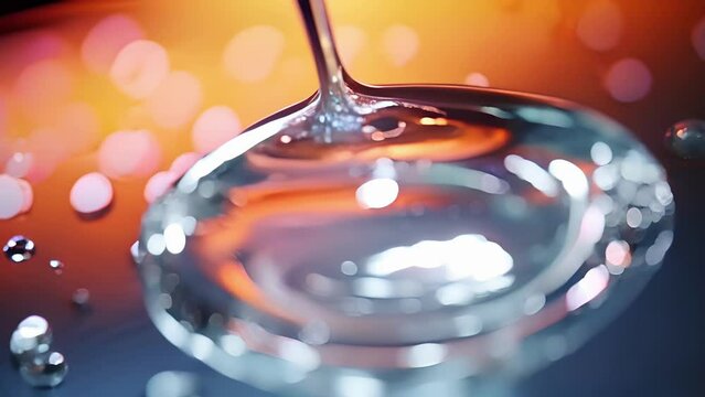 A closeup of the formation of a droplet of Jus the liquid slowly dripping downwards in macro slow motion.