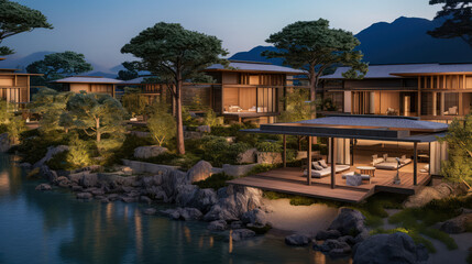 Fototapeta na wymiar 3D render, Exterior design concept, Japanese Resort by the Natural background, Retreat and Relax Space. travel and vacation background