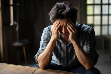 Depressed frustrated Asian man suffering from grieve, migraine, feeling stressed, sick, tired, thinking over bad news, crisis depression and mental emotional problems concept