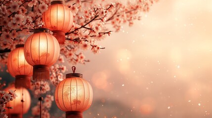 Obraz na płótnie Canvas Traditional Lanterns and Peach Blossoms. AI Generative.