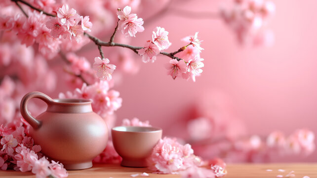 Serenity in Bloom: Traditional Tea Time Amidst Spring Cherry Blossoms. AI Generative.