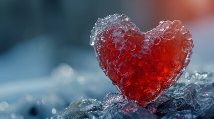 Red heart made of ice on frosty glass, generative ai