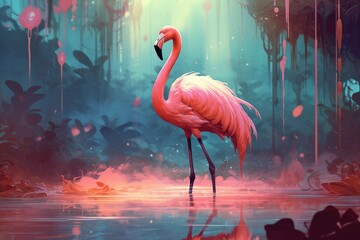 Beautiful Flamingo bird,  Pink flamingo, Cinematic landscape background, Ai generated