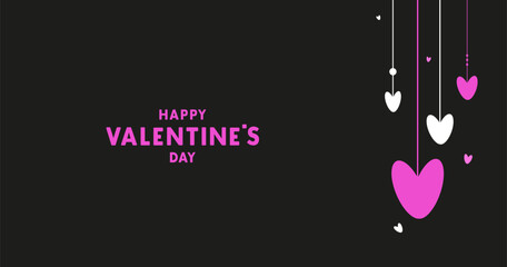 Vector Hanging hearts with text by Valentine day. Black background in flat style. For greeting card