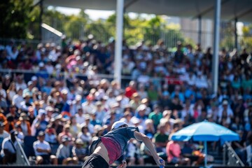 Amateur playing tennis at a tournament. professional tennis player serving in front of a packed...