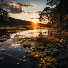 A_tranquil_sunset_over_a_serene_lake_surrounded_by_lush