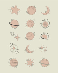 Aesthetic Beige Stars and Planet Illustration Design Set