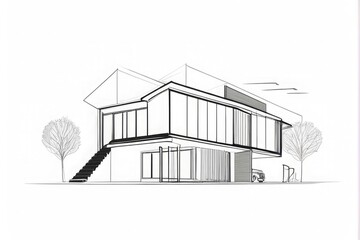 3D Architectural Model, sketch of modern cozy house Black line sketch on white background. House design, Interior Design, landscape Design Architecture Section.
 
