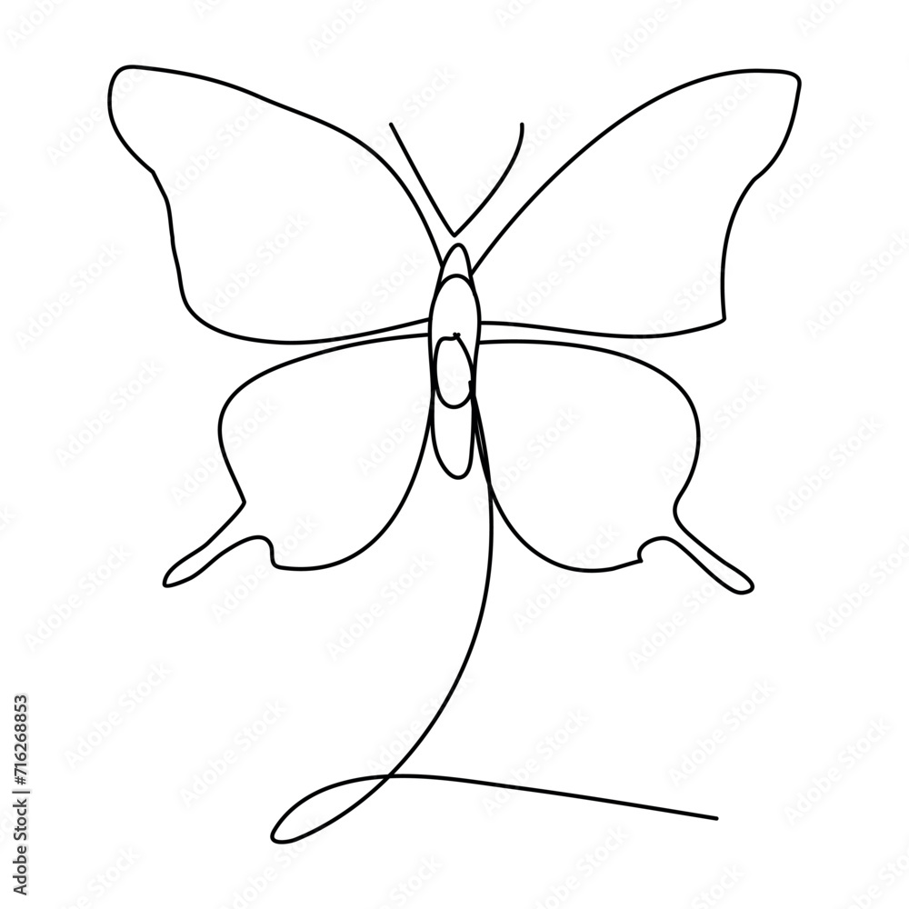 Poster butterfly continuous one line drawing element isolated on white background and single line art outli
