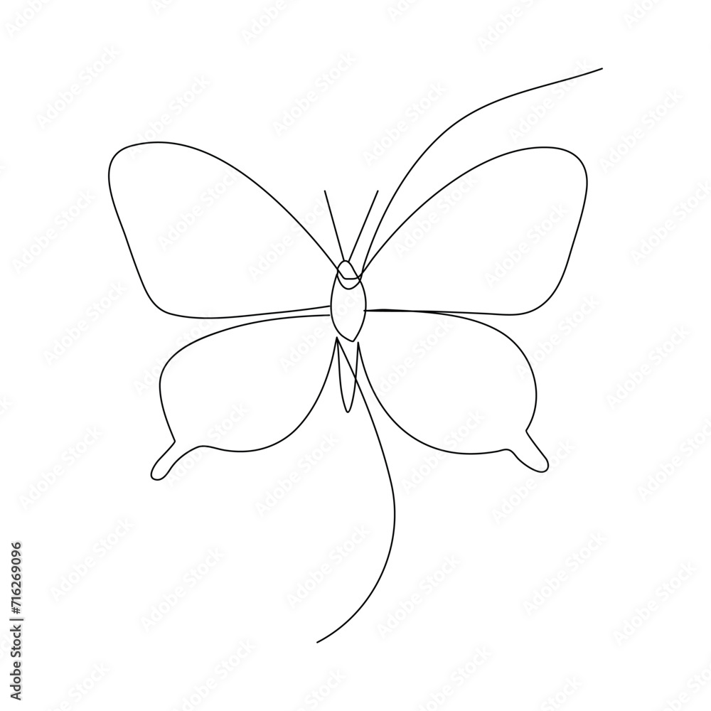 Poster butterfly continuous one line drawing element isolated on white background and single line art outli
