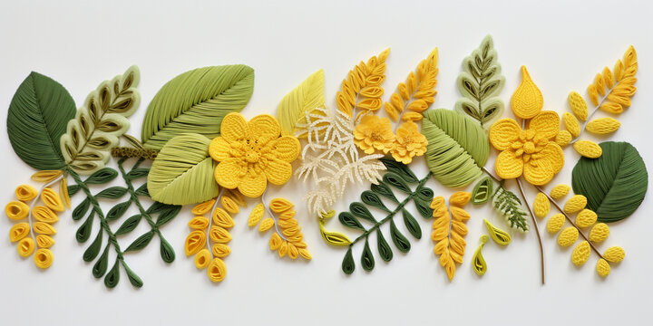 Goldenrod flower made of paper craft, Beautiful hand embroidery flowers bouquet floral, Dried orange and yellow nasturtium flowers isolated on white background. 
