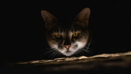 Dark cat lurking in the dark shadow with yellow eyes