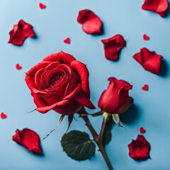 Red rose flower on blue background, Valentine's day greeting card.