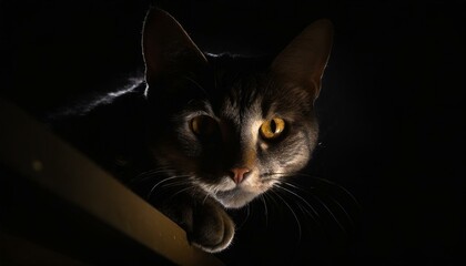 Dark cat lurking in the dark shadow with yellow eyes