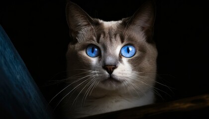 Beautiful gray cat portrait with crystal blue eyes in darkness