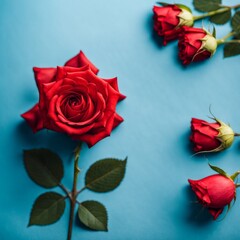 Red rose flower on blue background, Valentine's day greeting card.