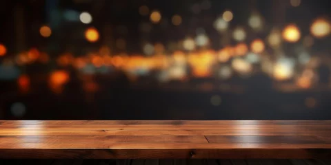 Poster The empty wooden table top with blur background of restaurant at night exuberant, Wooden table on blur bokeh of night light background.  © Fatima