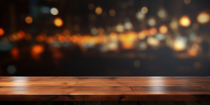 The empty wooden table top with blur background of restaurant at night exuberant, Wooden table on blur bokeh of night light background. 
