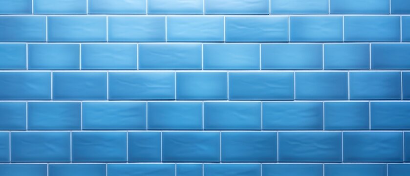 Blue light brick subway tiles ceramic wall texture, creating a wide tile background for banners and panoramas, Ai Generated.