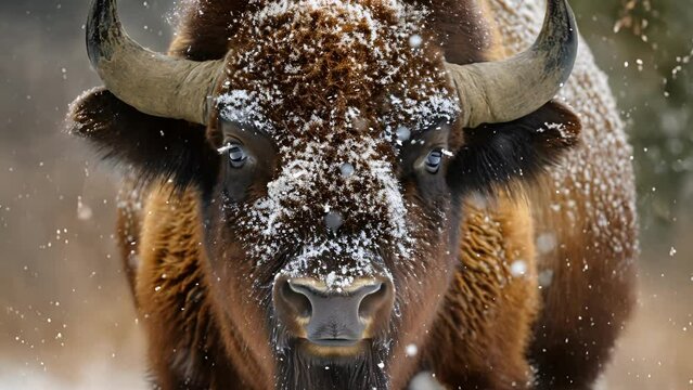 Closeup of a bisons face its thick and gy coat speckled with snowflakes giving it a wintry appearance