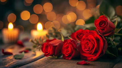 red roses on a table, bokeh background, valentine 