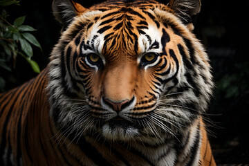 A portrait of a tiger with glorious eyes with an isolated black background