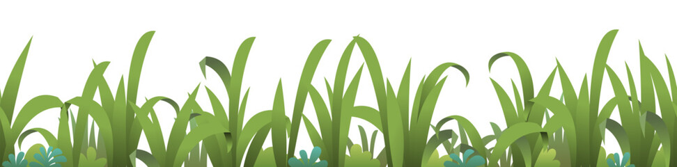 Dense thickets of grass. Thickets of plants on lawn. Wildlife landscape. Summer pasture. Cartoon fun style. Isolated on white background. Seamless illustration. Flat design. Vector
