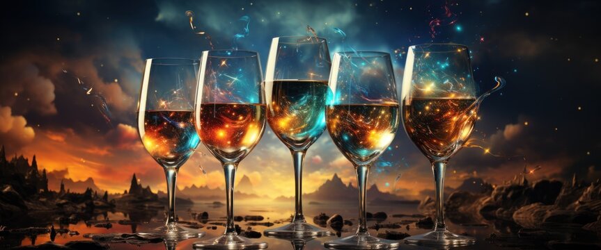 Glasses of champagne clink as colorful fireworks light up the night sky, Ai Generated.