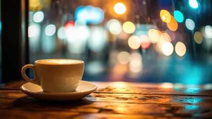 Obraz premium A cup of coffee on a saucer on a table in a cafe, Ai Generated