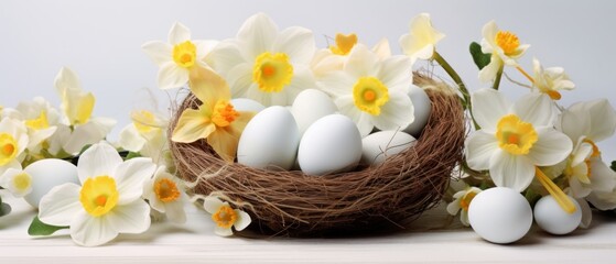White and yellow Easter eggs nestle among daffodils in a quaint basket, Ai Generated.