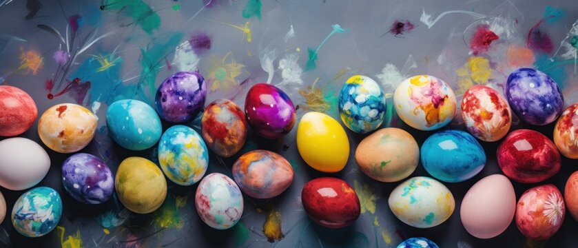 A vibrant collection of colorful orange and blue painted striped Easter eggs, Ai Generated.
