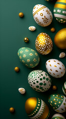 Fototapeta na wymiar Easter eggs of gold and green color on a green background, minimal creative Easter layout for congratulations.