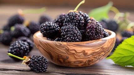 Celebrate the elegance of ripe mulberries, nestled in a rustic wooden embrace, a true nature's masterpiece, Ai Generated.