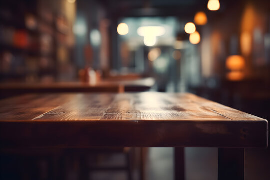 Wooden cafe table bokeh background, empty wood desk restaurant tabletop counter in bar or coffee shop surface product display mockup with blurry city lights backdrop presentation. Mock up, copy space.