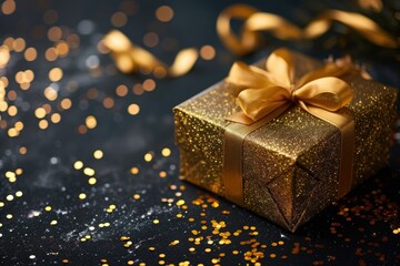 Golden gift box with a shimmering ribbon, set amidst confetti on a dark background, Ai Generated.